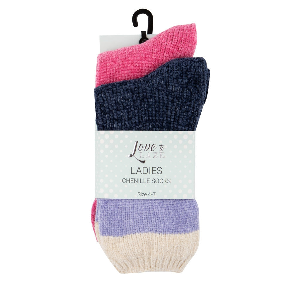 2 Pack Ladies Chenille Socks - Navy / Pink 339686-navy