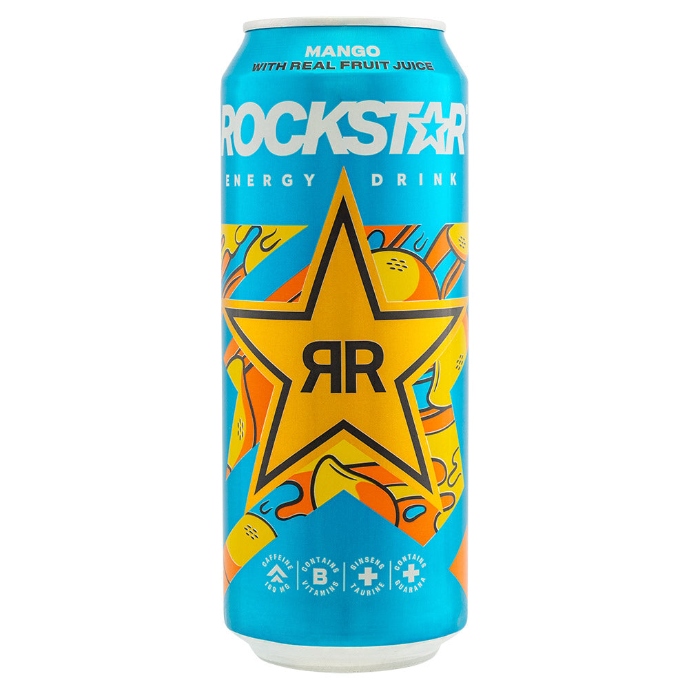 Rockstar mango energy drink on a white background