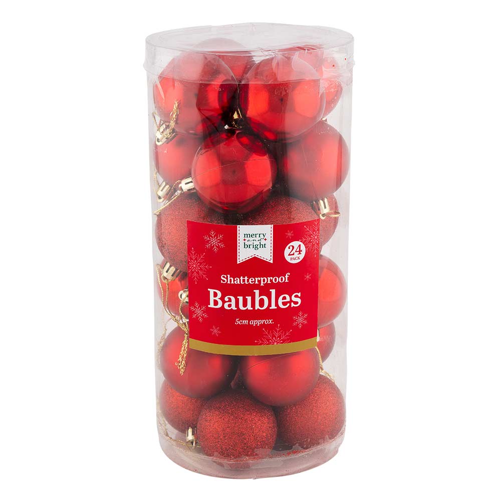Red Shatterproof Christmas Baubles 50mm x 24 Pack