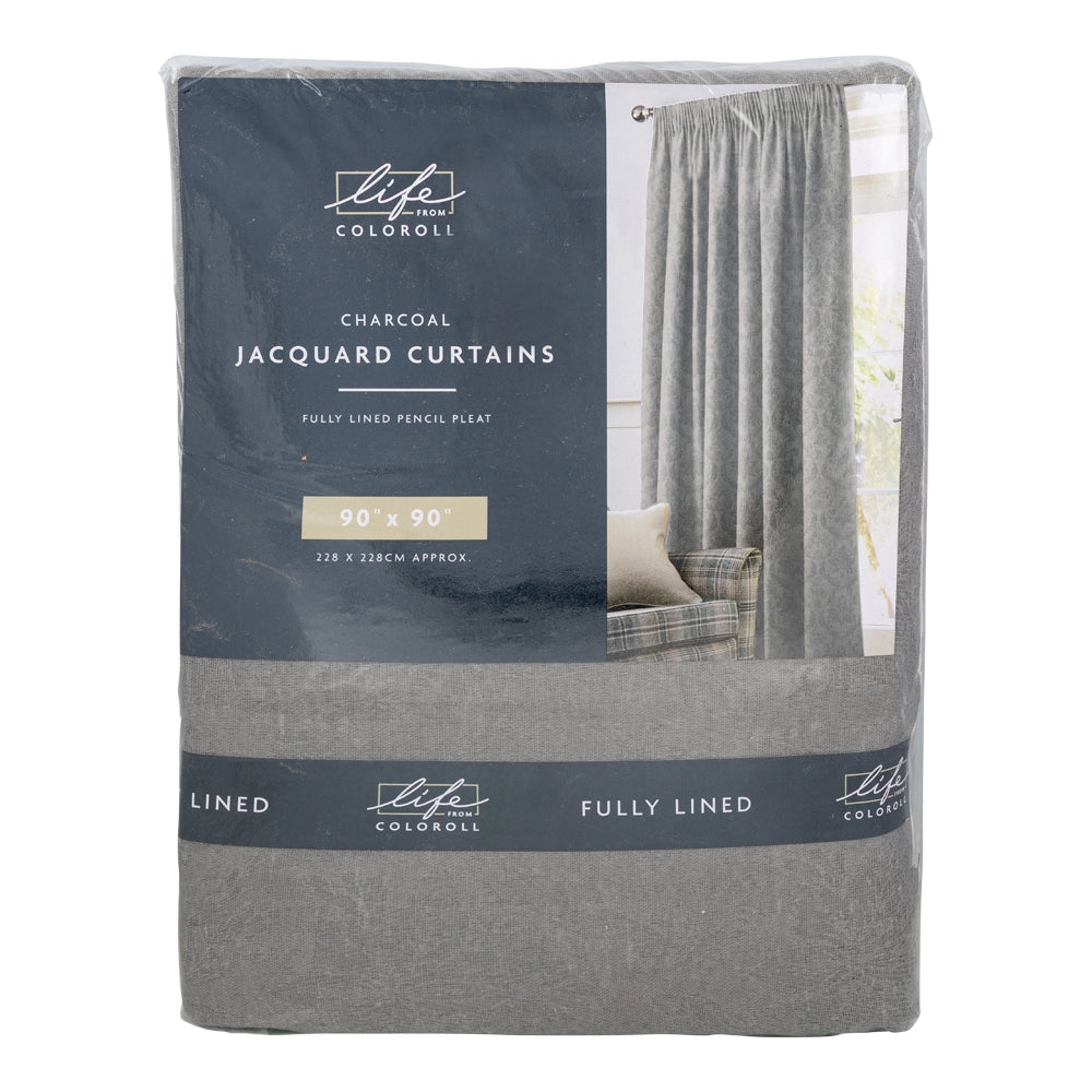 Fully Lined Jacquard Curtains - 90" X 90" Inch - Charcoal 342072