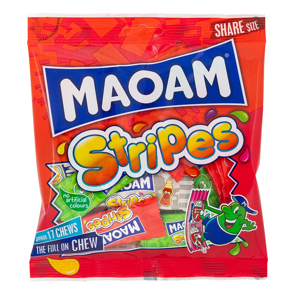 Hairbo maoam stripes sweets 140g bag on a white background