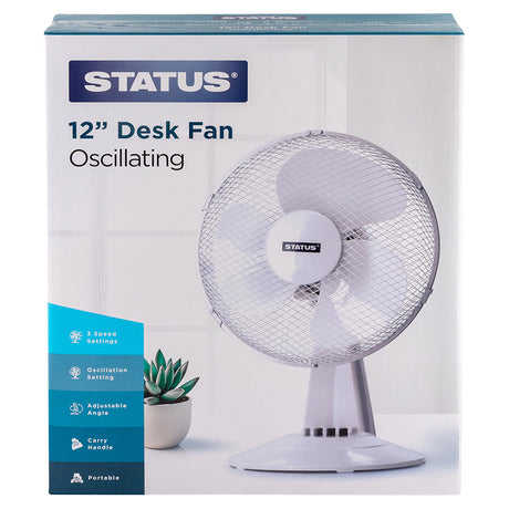 Status 12 inch fan in box on a white background