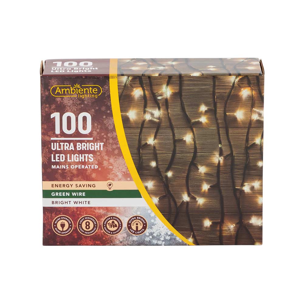 100 Ultra Bright LED String Lights Mains Operated & Green Wire Bright White