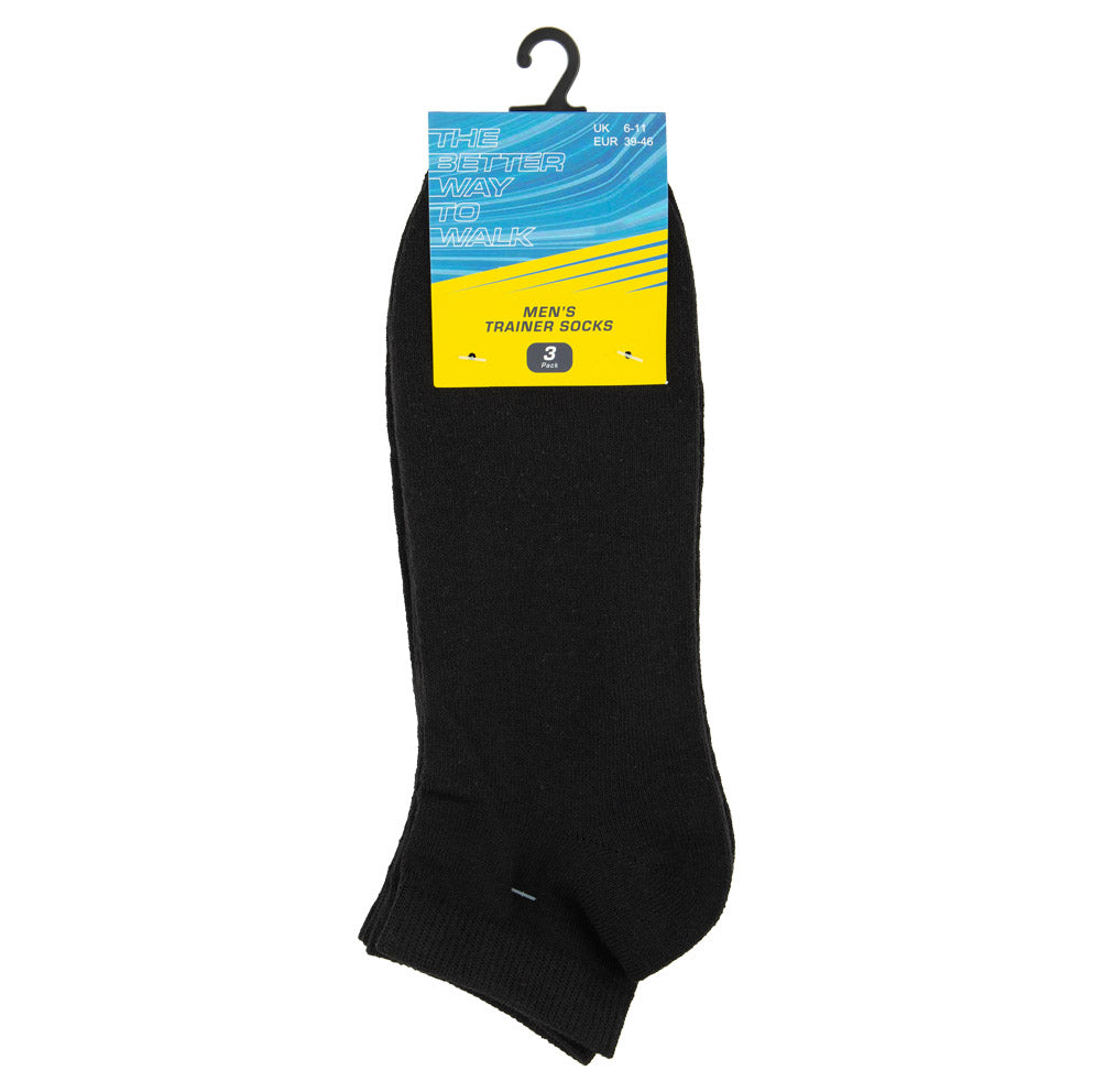 Men's 3 pack trainer socks in black on a white background