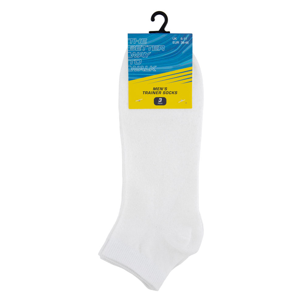 Men's 3 pack trainer socks in white on a white background