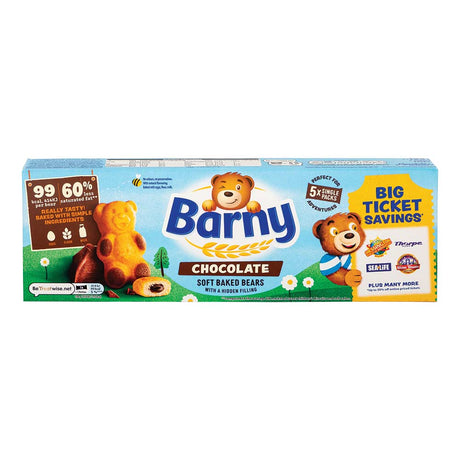 Barney chocolate soft baked bears 5 pack on a white background