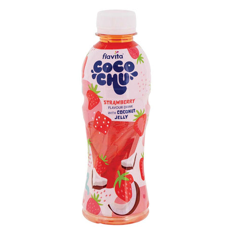 Flavita strawberry flavour drink with coconut jelly on white background