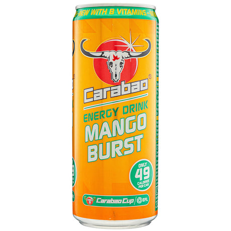 Carabao mango burst energy drink 330ml on a white background