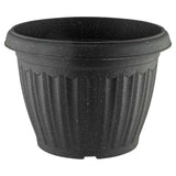 Speckled plastic garden pot in black on a white background