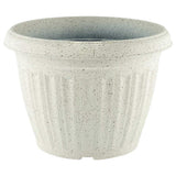 Speckled plastic garden pot in grey on a white background