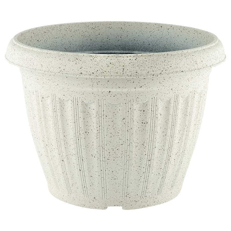 Speckled plastic garden pot in grey on a white background