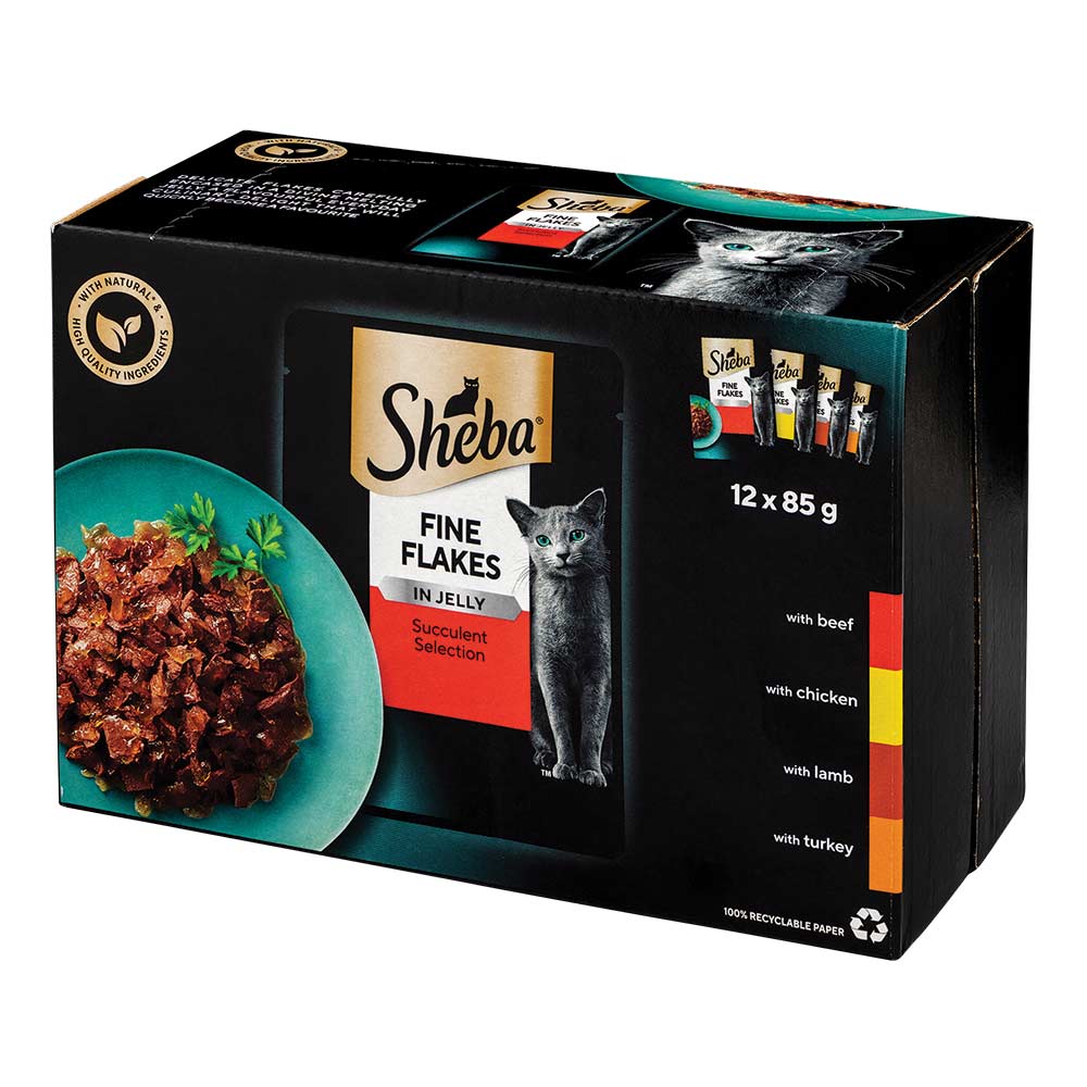Sheba Fine Flakes Wet Cat Food Pouches Succulent Selection In Jelly 12 X 85g