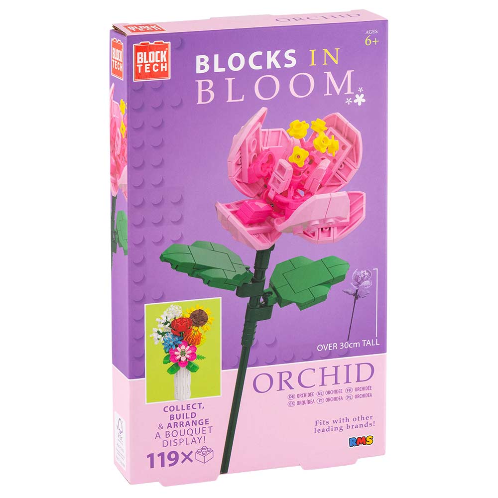 Box of 'Blocks in Bloom' orchid building set by Block Tech on a white background