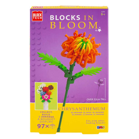Box of 'Blocks in Bloom' Chrysanthemum building set with colorful flower design on a white background
