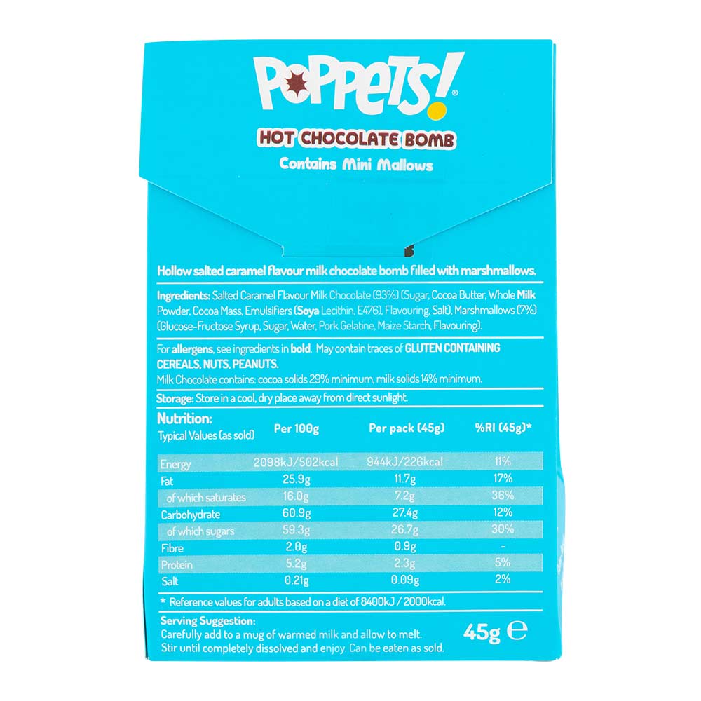 Poppets Salted Caramel Hot Chocolate Bomb With Mini Mallows 45g