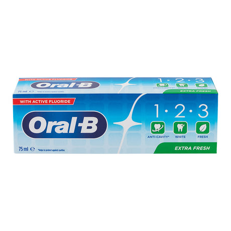 Oral B 123 extra fresh toothpaste on white background