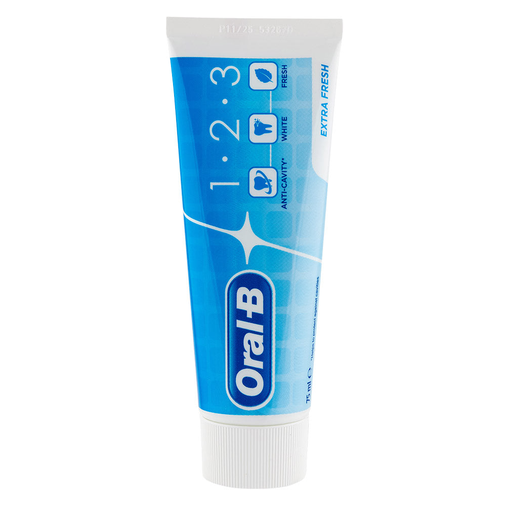 Oral B 123 extra fresh toothpaste on white background
