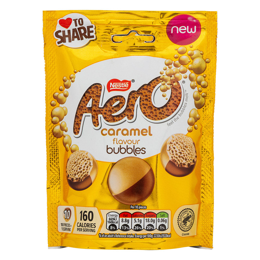 Aero bubbles caramel favour chocolate bag 92g on white background