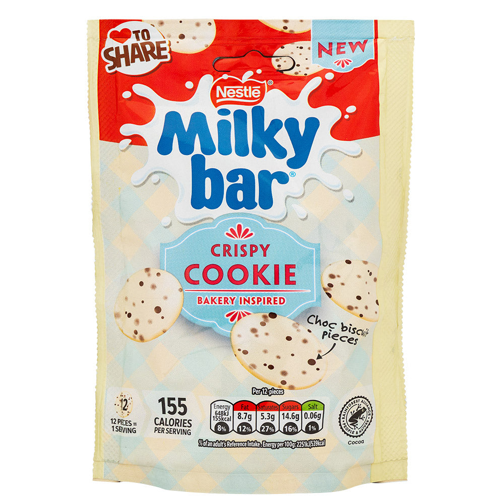 Milkybar buttons crispy cookie white chocolate bag on a white background