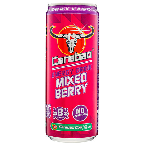 Caraboa mixed berry energy drink in 330ml on a white background