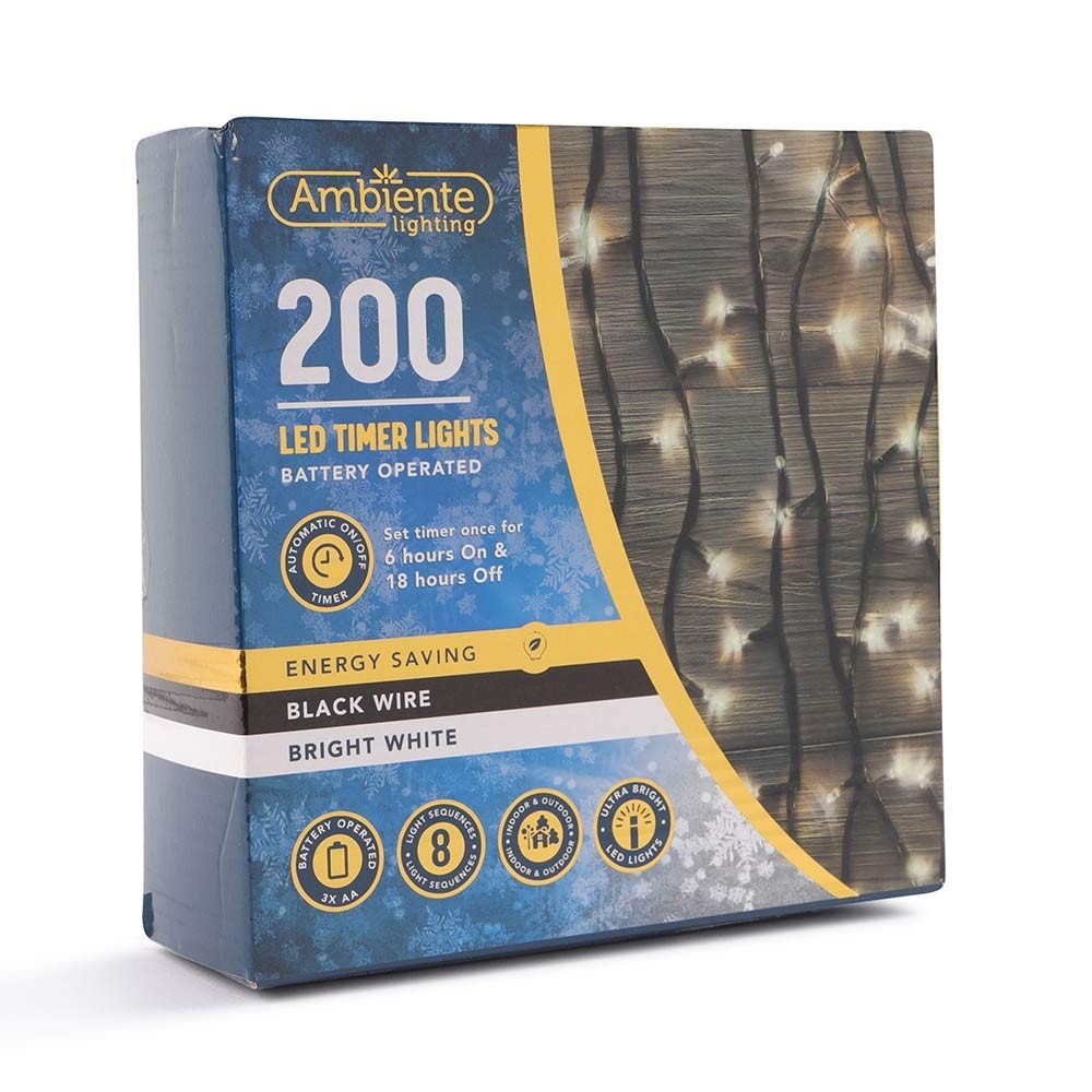 200 BLACK WIRE BATTERY OPERATED LED LIGHTS - BRIGHT WHITE