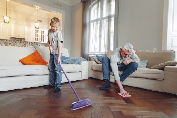 A father and son doing the spring cleaning in their home