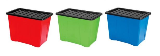 red, blue, and green storage boxes